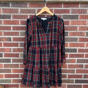 LOFT Black Red and Green Plaid V Neck Front Long Sleeve Midi Peasant Dress